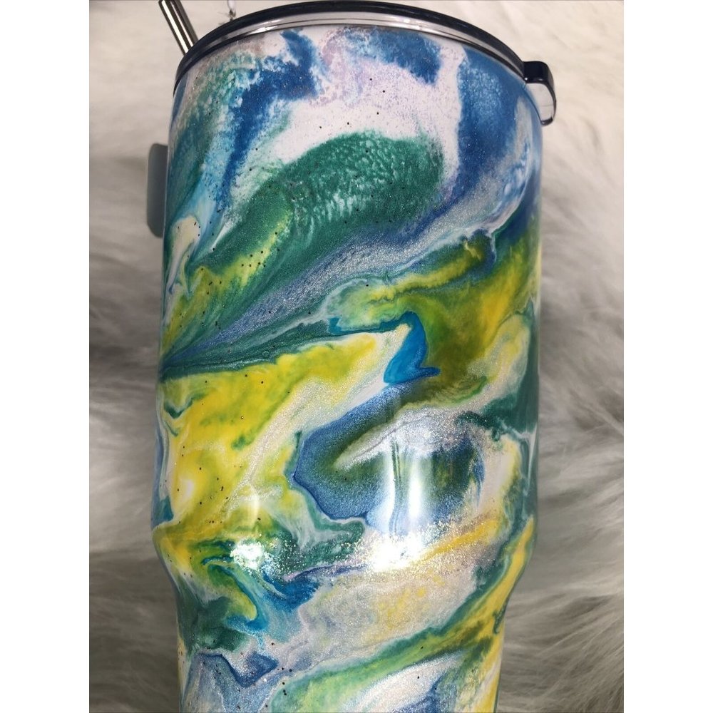 32 Ounce Tumbler Hand Painted Teal’s Blues Yellows Pearls & Glitter Lid Custom - Picture 8 of 16